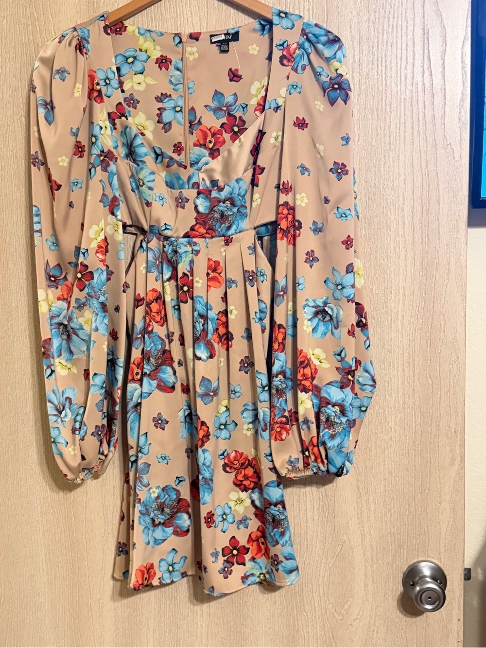AFRM Beige Floral Long-Sleeve V-Neck Mini Dress